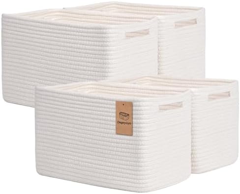 Storage Baskets for Organizing, 4 Pack Baskets for Shelves, Decorative Storage Bins for Shelves, Cotton Rope Storage Basket with Handles, Woven Basket for Storage, 13''Lx8.7''Wx7.9''H, White by Degeyoyo