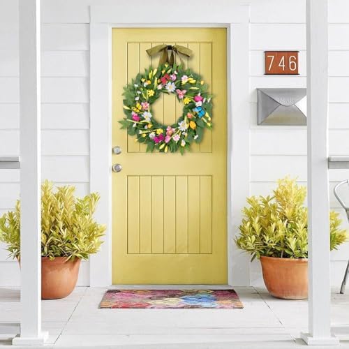 U'Artlines 22 Inch Tulip Wreath for Front Door, Spring Summer Silk Wreath with Green Leaves Colorful Butterfly Artificial Tulip Flower Wreaths for All Seasons Window Wall Wedding Valentines Day Decor - Image 2