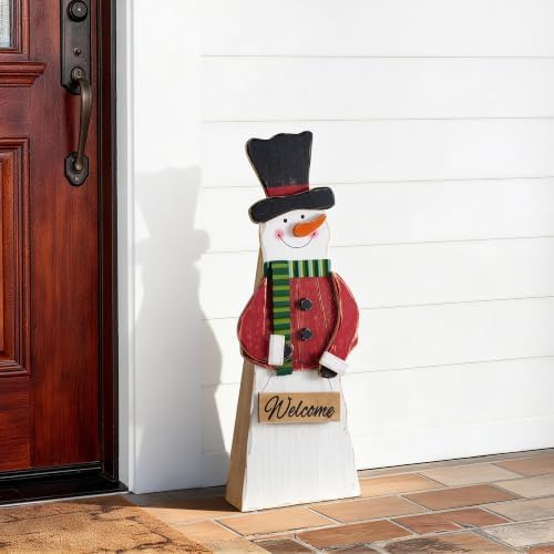 Glitzhome 30"H Christmas Chunky Wood Snowman Porch Sign, Standing Snowman Porch Decor with Black Top Hat and Red Coat,Merry Christmas Welcome Sign for Holiday Front Porch Outdoor Decorations - Image 4