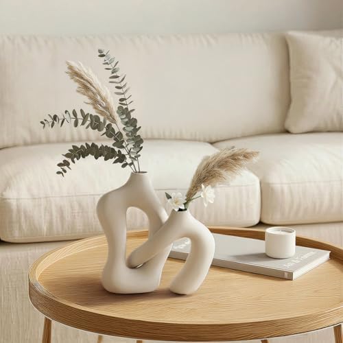 Dowan White Vases for Decor,Hollow Ceramic Vase Set of 2,8.3" Nordic Modern Boho ins Style Decorative Ceramic Aesthetic Flower Vase for Home Decor Modern Minimalist Table, Entryway Centerpieces - Image 5