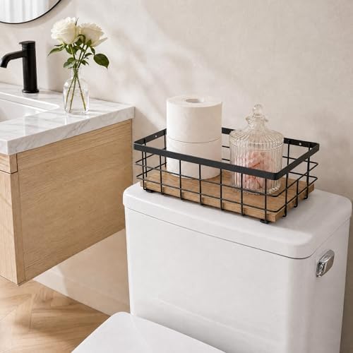 TJ.MOREE Small Metal Wire Basket, Decorative Wood Base Organizer for Bathroom, Kitchen, Basket for Toilet Paper Storage, Sugar Packet, Coffee Syrup, Guest Towel, Napkin(Black 2 Packs) - Image 3