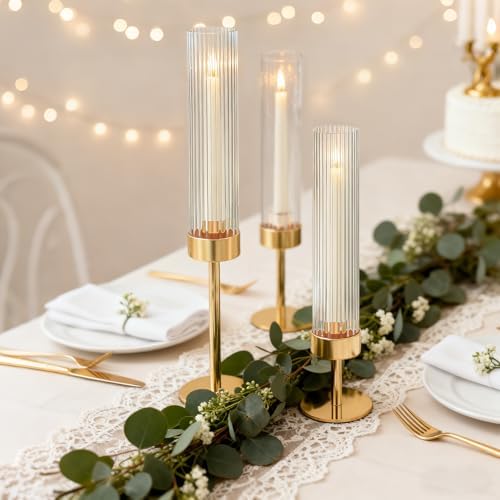 Metal & Acrylic Taper Candle Holders with Ribbed Design - Hurricane Clear Cylinder Candelabra for Wedding, Christmas, Party, Dining Table Centerpiece Decor (Gold, Set of 6) - Image 7