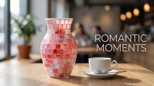8" Pink Agate Mosaic Vase, Handmade Textured Glass Flower Vase, Romantic Rose Glass Centerpiece for Bedroom, Bathroom, Coastal Home Decor & Valentine's Day Gift - Image 5