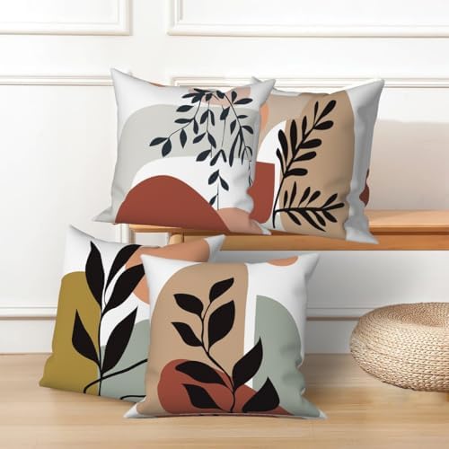 Abstract Boho Throw Pillow Covers 24"x24" Set of 4, Bohemian Minimalist Art Aesthetic Plant Leaves Sunset Geometry Pillowcase for Sofa Chair Couch Bed Living Room Office Garden Patio - Image 3