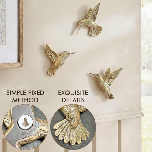 GUSFREUD 3D Hummingbird Wall Decor Set - Brass Resin Bird Wall Decor for Living Room, Bedroom and Gallery Walls - Vintage Gold - Set of 3 - Image 4