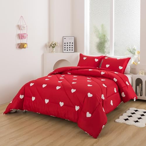 Caressma Love Comforter Set Twin Size - Cute White Heart Print Red Bedding Comforter with Matching Pillowshams - Image 2