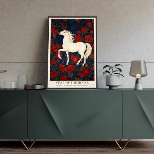 Chinese Lunar Year of the Horse Art Print – Energetic & Independent Zodiac Wall Decor with Red Peony Pattern for Home Apartment and Office Posters 8X12 in Wrapped Framed - Image 4
