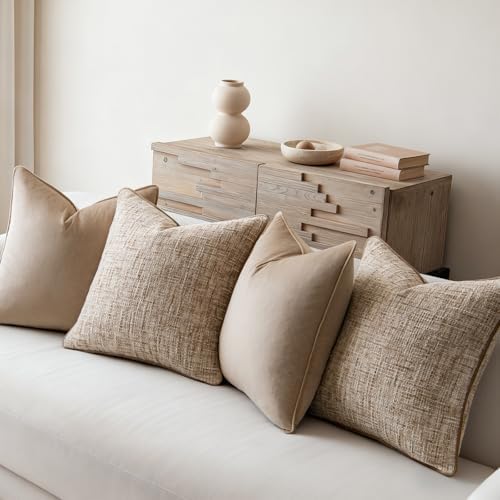 a moment Khaki 4 Pack Throw Pillow Covers - Chenille & Velvet Set with Piping, Farmhouse Textured Design Pillow Cases for Couch Sofa Bed Livingroom (22x22 Inch, No Insert) - Image 2