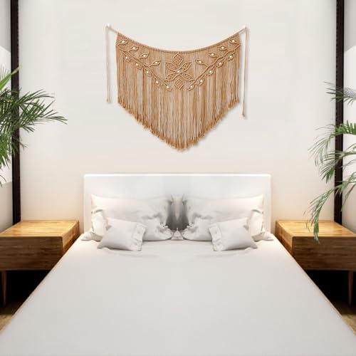 Youngeast Home Decor Leaf Shape Macrame Wall Hanging Woven Tapestry Bedroom Curtain Fringe Garland Banner Living Room Wall Decor Brown 39X31 inches - Image 4