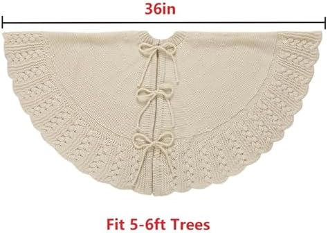 Ivory Knitted Christmas Tree Skirt, Cozy Cable Knit Design with Scalloped Edge and Ties, Rustic Farmhouse Holiday Décor for Christmas Tree Base(Ivory, 36") - Image 3