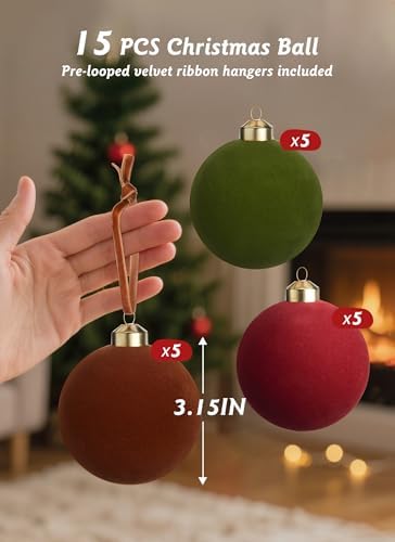 Brightown 15 Pcs Velvet Christmas Balls, 3.15 Inch Red Green Brown Velvet Ornaments for Christmas Tree, Christma Tree Flocked Ornaments Balls for Family Holiday Wedding Party Xmas Hanging Decoration - Image 2