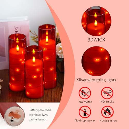 Flameless Candles,with Embedded Star String, Battery Operated Candles Flickering LED Pillar Candles with Remote Control and Timer, Home Decoration Add a Warm and Romantic Atmosphere，Set of 7 (Red) - Image 6