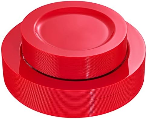 FLOWERCAT 60PCS Red Plastic Plates - Heavy Duty Red Plates Disposable for Party - Include 30PCS 10.25inch and 30PCS 7.5inch for 30 guests Birthday Party & Events &4th of July by FLOWERCAT