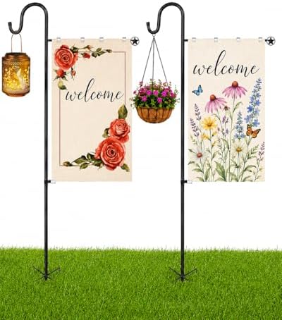 LOPANNY Large Garden Flag Holder Stand Pole for 28 x 40 Flags with Shepherds Hooks for Outdoor - 2 Pack Upgraded Sturdy 60In Yard Flag Post Stake for Outdoor Decor(Without Solar Lights & Flag) by LOPANNY
