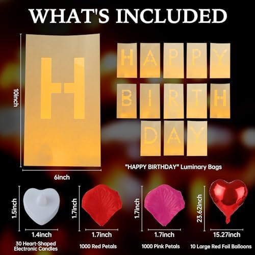 Happy Birthday Decoration for Men Women, Valentine’s Day Light Up Letters Luminary Bags with 30 Bright LED Candles, 2000 Rose Petals, 10 Balloons, Surprise Birthday Party Banner Signs - Image 3