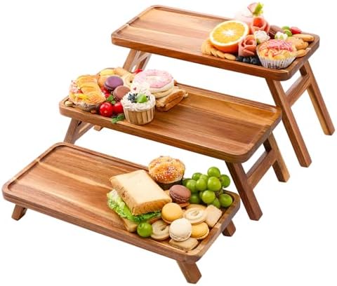 Tiered Serving Tray 17 Inch Acacia Wooden Cupcake Stand & Platters 3 Tiered Tray Foldable Dessert Table Display Set Decor for Party Charcuterie Boards for Birthday, Wedding, Christmas, Valentine's Day by JOYMAY