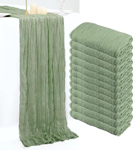 12 Pack Sage Green Cheesecloth Table Runner, 10FT Boho Gauze Green Cheese Cloth Table Runner 35 x120 Inch Semi Sheer Long Runner for Table Wedding Party Banquet Baby Shower Birthday by PWDAN