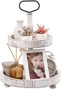 Farmhouse Two Tiered Wooden Tray Stand, UBTKEY 2 Tier Wood Round Decorative Tray with Metal Handle for Home Kitchen Seasonal Holiday Decorations, 17"x13" (Distressed White) by UBTKEY