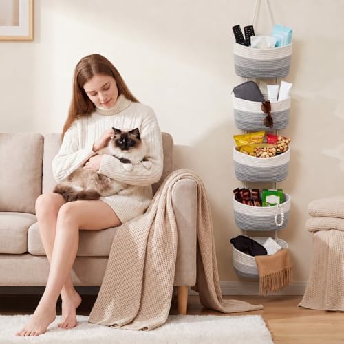 5 Tier Over The Door Hanging Basket, Boho Woven Cotton Wall Mounted, Grey - Image 3