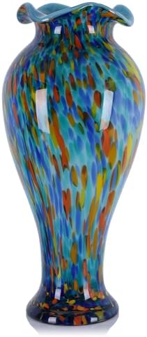 20in Tall Hand Blown Glass Vase Unique Ruffle Wide Mouth Vases, Elegant Modern Glass Flower Decorations Vase, Beautiful Colorful Vases for Home Living Room Bookshelves Wedding High End Centerpieces by LCCCK