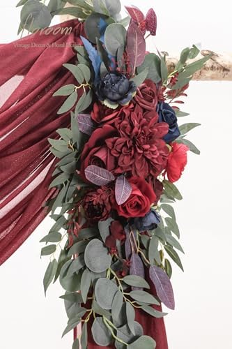 Floroom Arch Flowers with Drapes Kit (Pack of 4) - 2pcs Artificial Burgundy & Navy Blue Floral Swag Arrangement with 2pcs Draping Fabric for Wedding Ceremony Arbor and Reception Backdrop Decoration - Image 4