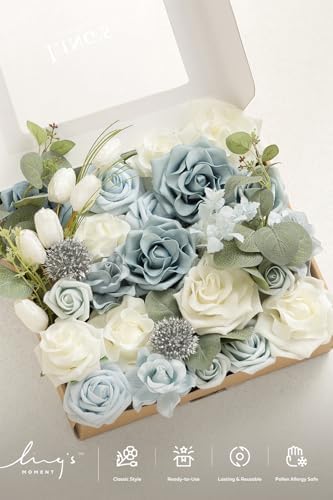 Ling's moment Artificial Wedding Flowers Combo, Dusty Blue & White, Grand - Image 6