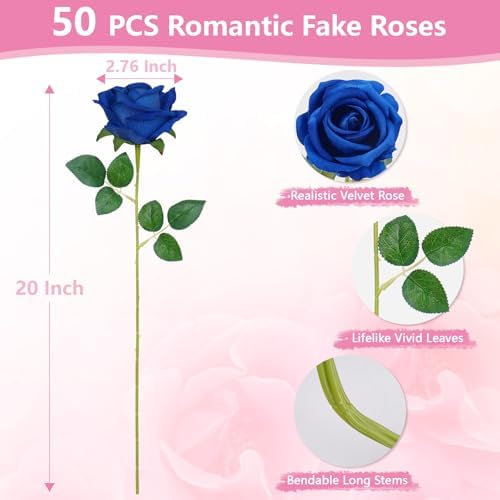 50Pcs Blue Roses Artificial Flowers, Real Touch Velvet Fake Roses Bouquet - Image 5