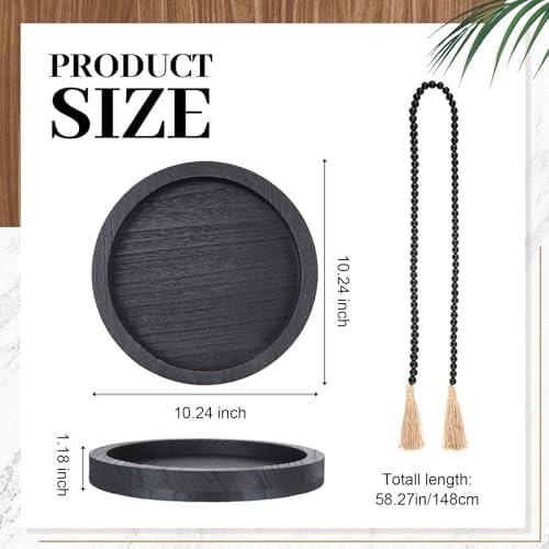 3 Pcs Rustic Country Tabletop Centerpieces, Boho Clear Tall Glass Vases Decor Wooden Serving Tray Wood Bead Garland with Tassels for Wedding Living Room Home Table Holder (Black) - Image 3