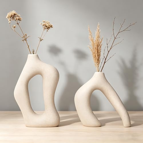 White Ceramic Decorative Vases Set of 2, Nordic Minimalist Modern Vases for Table, Wedding, Living Room, Bedroom, Office Home Decoration - Image 2