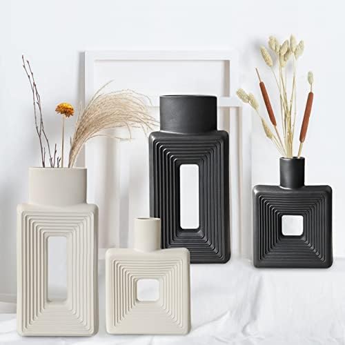 Black Ceramic Vase Set of 2，Square Vase Rustic Home Decor Minimalist Nordic Boho Style for Living Room, Shelf, Table, Bookshelf, Mantel and Entryway Decor Vases - Image 3