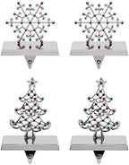 Nickel-Plated Christmas Stocking Holders 4-Pack with Snowflake & Tree Stand Colored Stones, Ideal for Fireplace & Shelf by Unknown