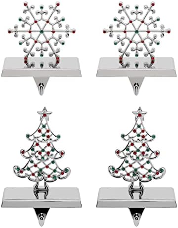 Nickel-Plated Christmas Stocking Holders 4-Pack with Snowflake & Tree Stand Colored Stones, Ideal for Fireplace & Shelf by Unknown