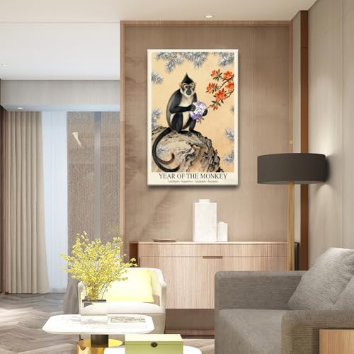 Elegant Chinese Zodiac Wall Art - Lunar Year of the Monkey Poster with Purple Hydrangeas and Orange Rhododendrons for Home Aesthetics and Room Decor 24X36 in Black Framed - Image 7
