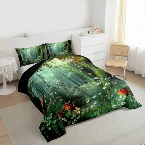 Erosebridal Magical Comforter Set Full Size, Mushroom Bedding Set for Girls Women Kids Teens, Daisy Leaves Branches Sunset Nature Duvet Insert, Cute Style Soft Warm Quilted Duvet Bedroom Decor, Green - Image 3
