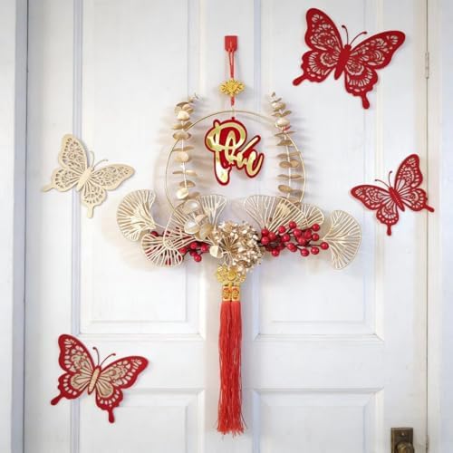 KYMY Vietnamese New Year Hanging Ornament – 2026 Year of The Horse Tết Wreath Pendant with Tết Symbol, 27.5 Inch Gold Leaf Red Berry Lunar New Year Decoration for Wall Door Window - Image 4