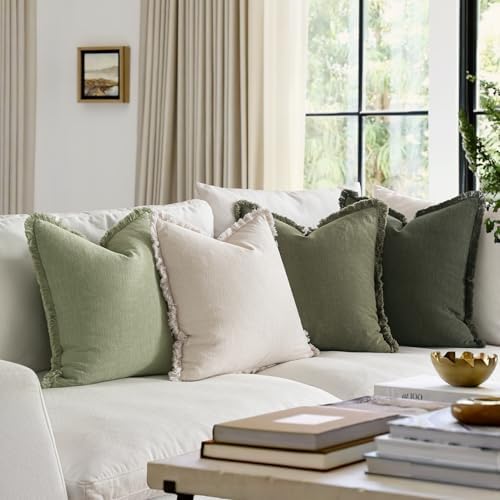 MIULEE Fall Linen Fringe Pillow Covers Set of 4 18x18 Beige/Sage Green - Image 3