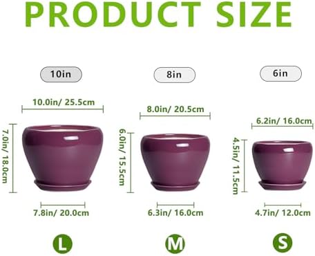 10+8+6 Inch Ceramic Plant Pots, Ceramic Planter for Indoor Outdoor Plants, Round Planter with Drainage Holes and Saucers, Indoor Flower Pots, Room Decor, Housewarming Gift, Set of 3, Purple - Image 3
