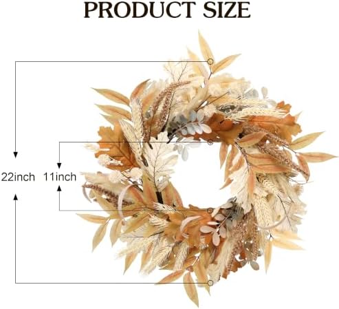 MUMTOP 22" Fall Wreath Wheat for Front Door, Harvest Thanksgiving Decor - Image 2