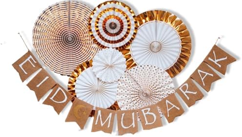 Garland Pack with Eid Mubarak Burlap Banner – Eid Party Decorations | Garland Decor with Paper Fans, Tassel & Moon & Star Garlands | Eid Hanging Decorations for Home & More by Days+of+Eid+