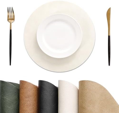 MOSAYT Vinyl Faux Leather Round Placemats Set of 6, 13 Inch, Beige by MOSAYT