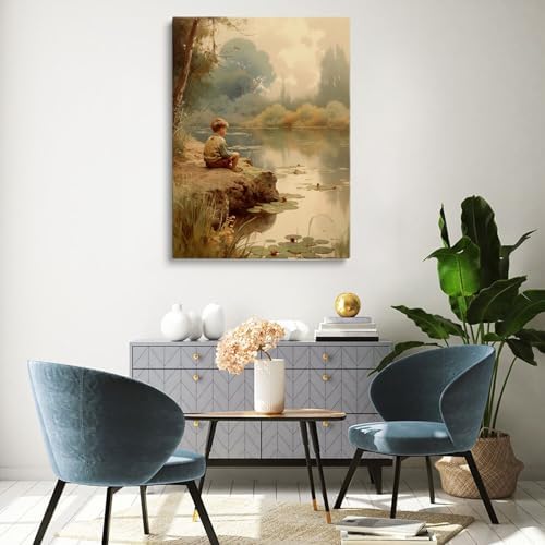 Vintage Boys Room Art,Boy By Pond Poster,Summer Decor Print,Boys Artful Nursery Print Painting,Vintage Prints of Children Playing,Vintage Art for Boy Nursery Bedroom Decor16x24inch Framed Art - Image 4