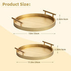 2 Piece Golden Round Serving Tray with Handles, Woven-Texture Faux Leather Ottoman Tray for Living Room, Decorative Tray for Coffee Table Home Decor - Image 6