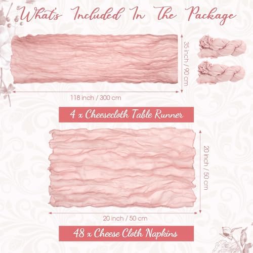 4 Cheesecloth Table Runners and 48 Napkins Set, 10Ft Boho Cheese Cloth Table Runners 20 x 20 Inch Rustic Wrinkled Gauze Napkins for Wedding Birthday Baby Shower Party Decor (Dusty Pink) - Image 2