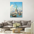 Patriotic Statue of Liberty Canvas Wall Art 4th of July New York Harbor Oil Painting USA Flag Vintage NYC Skyline Wall Decor Independence Day American Home Decor 16x24in - Image 2