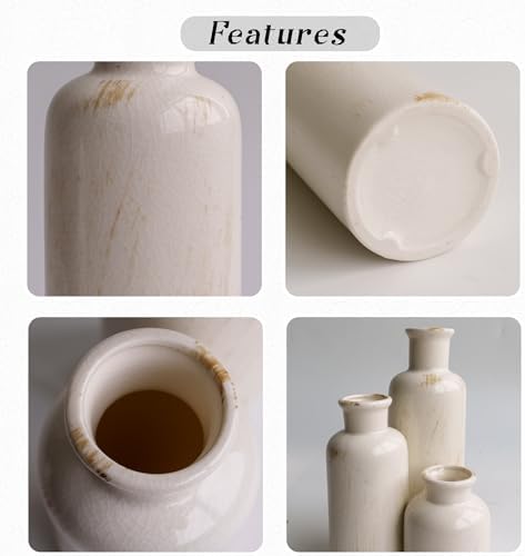 Pampas Grass with Vase Set – 3 Beige White Ceramic Vases with Natural Dried Pampas, Bunny Tails & More – Neutral Farmhouse Decor for Fireplace, Home, Mantel, Entryway, Kitchen & Boho Table Centerpiece - Image 6