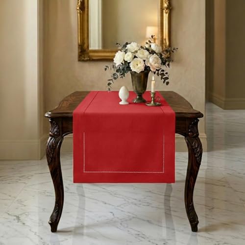 Signature Linen™ by D'Moksha, Bright Red Table Runner 48 Inches, 100% Pure Linen, Hemstitch, Coffee Table Runner, 14 x 48 Inch for Dresser Tables- Fall, Weddings, Outdoor Hosting by DMokshaHomes