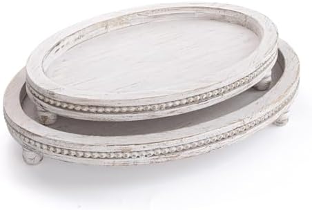Farmhouse Oval Wooden Decorative Trays Set of 2, Distressed White Solid Wood Beaded Trays for Coffee Table, Kitchen Counter, Ottoman & Dining Table Centerpiece Decor by MACVAD