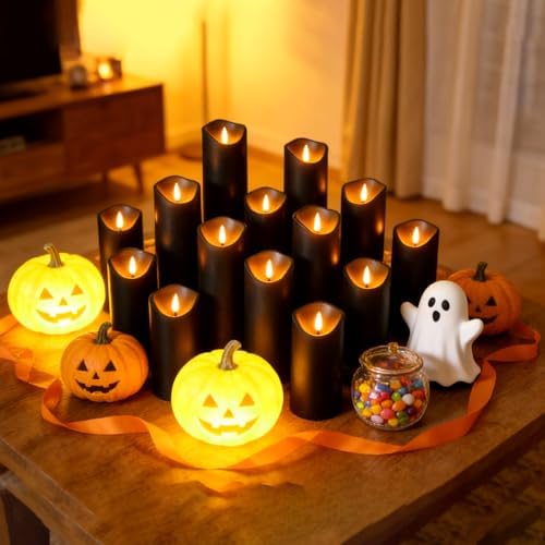 kakoya Flickering Flameless Candles, Battery Operated Plastic LED Pillar Candles with Remote Control and Timer, Set of 24 (Black) - Image 2