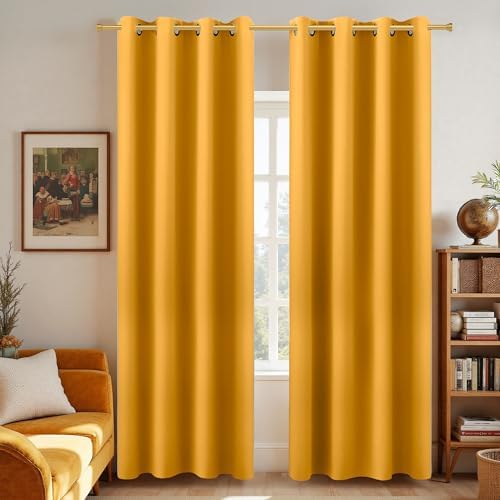 KOUFALL Yellow Curtains 96 Inches Long for Living Room Pair Set of 2 Panels Grommet Room Darkening Blackout Window Curtains for Bedroom 52 x 96 Inch Length Mustard Yellow by KOUFALL