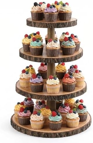 SENMUT 4 Tier Rustic Wood Cupcake Stand with Natural Bark, Varnish Finish, for Wedding, Birthday, Farmhouse Party by SENMUT